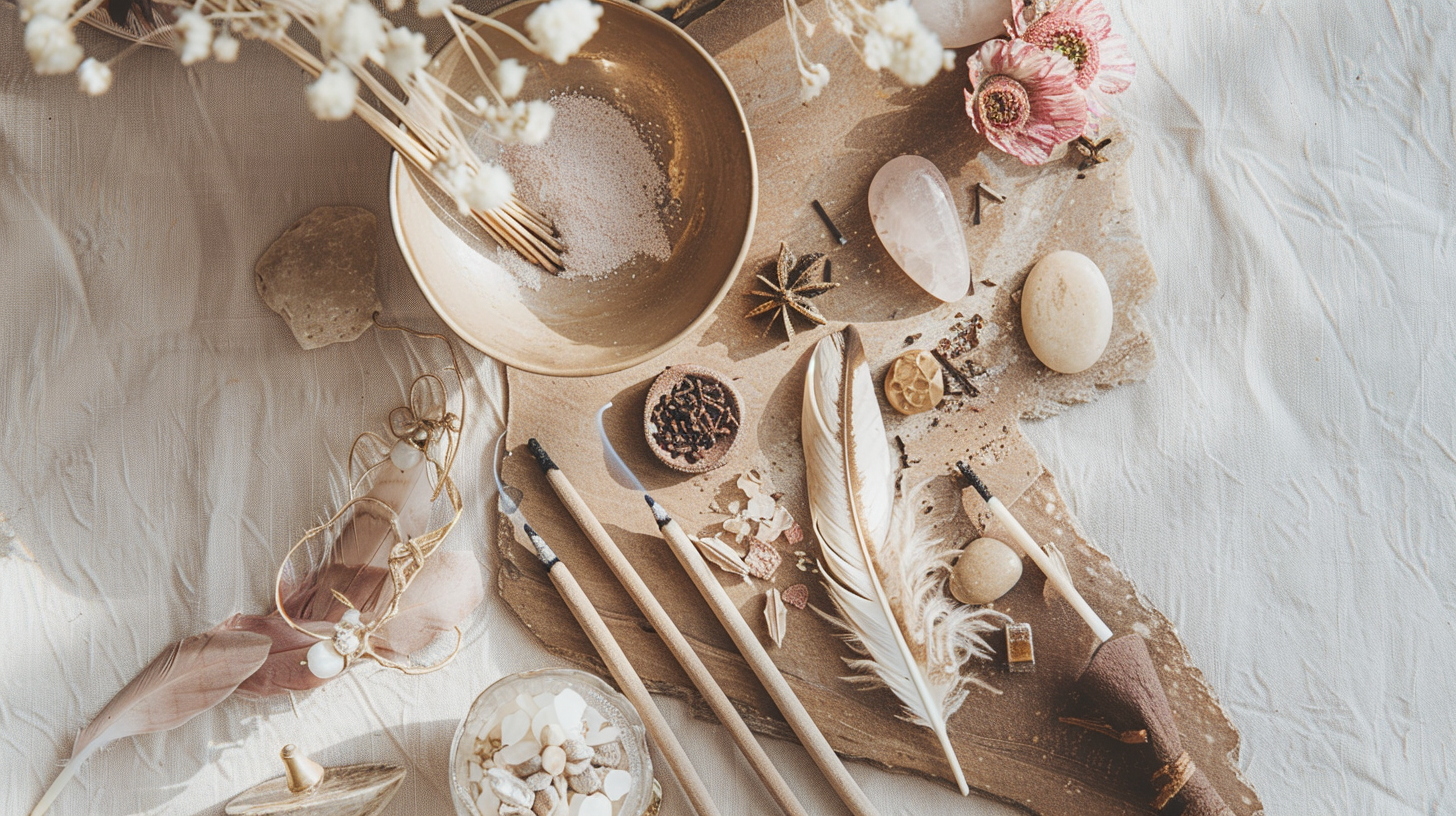 the1mrbee flatlay of spiritual altar with incense feathers sa 14066afb 8a57 43fe b527 dc9f9042fa07 1