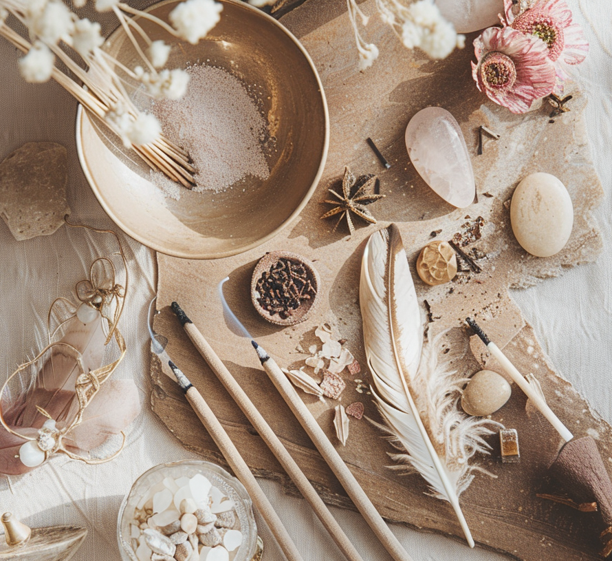 the1mrbee flatlay of spiritual altar with incense feathers sa 14066afb 8a57 43fe b527 dc9f9042fa07 1